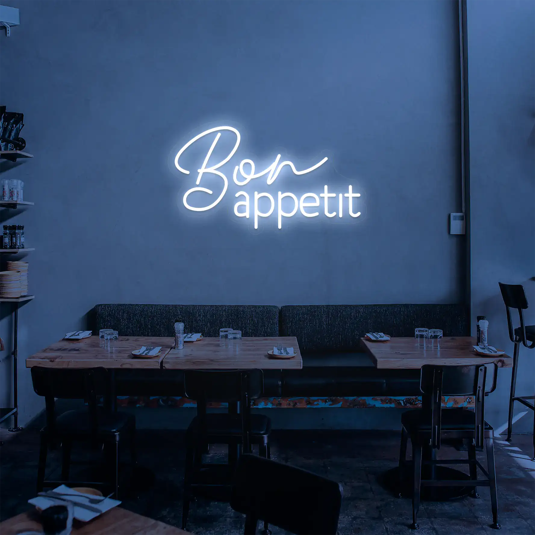 Néon Bon Appétit Blanc dans un Restaurant