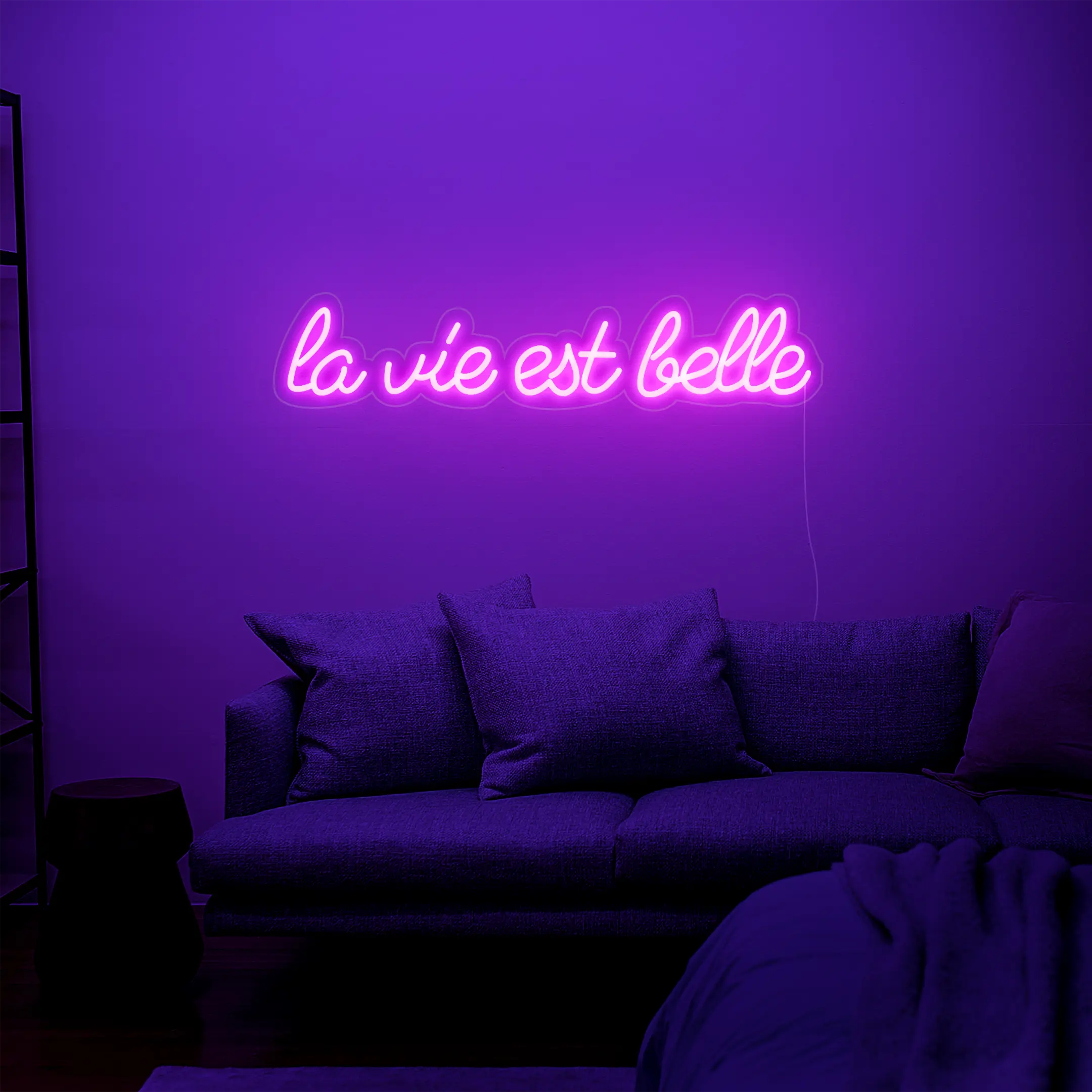 Néon La vie est Belle Rose dans un Salon