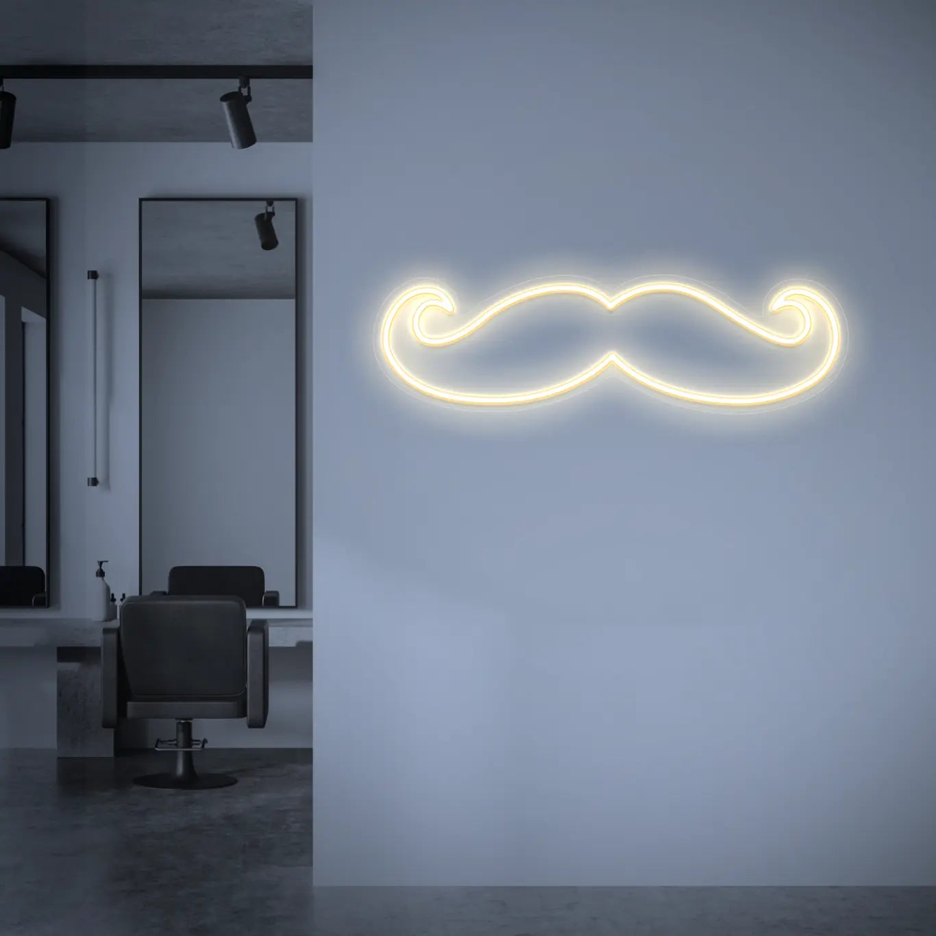 Néon Moustache blanc chaud dans un salon de coiffure