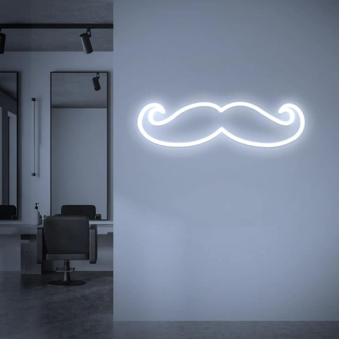 Néon Moustache blanc dans un salon de coiffure