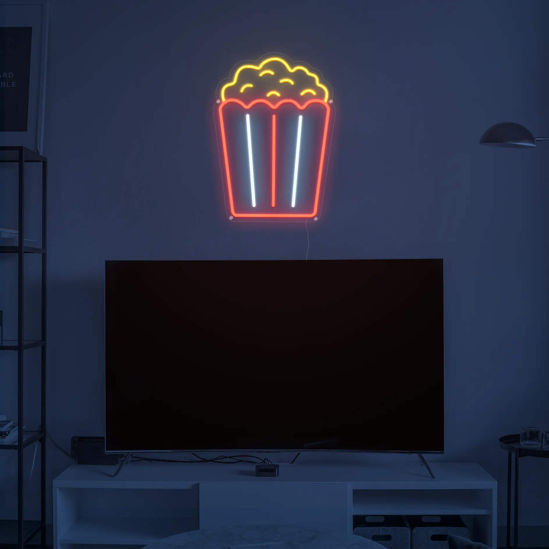 Néon popcorn rouge blanc dans salon