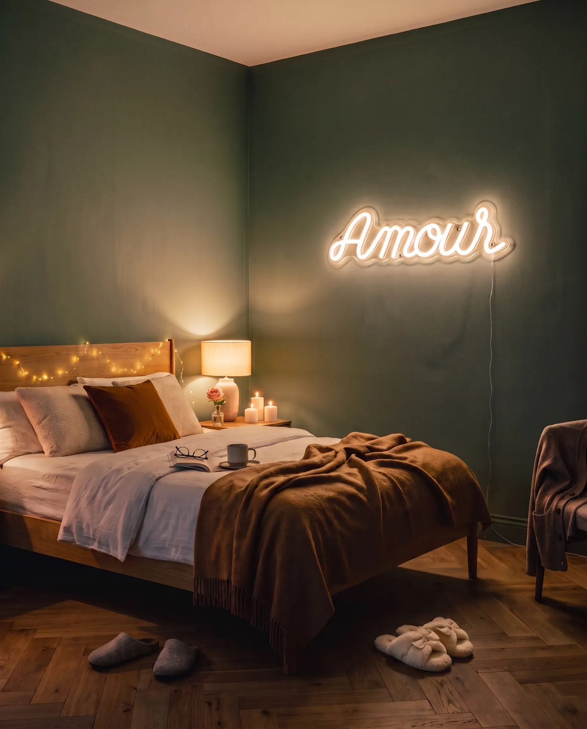 Néon LED amour sur un mur vert sauge dans une chambre, lit en bois, guirlande lumineuse et chaussons au sol