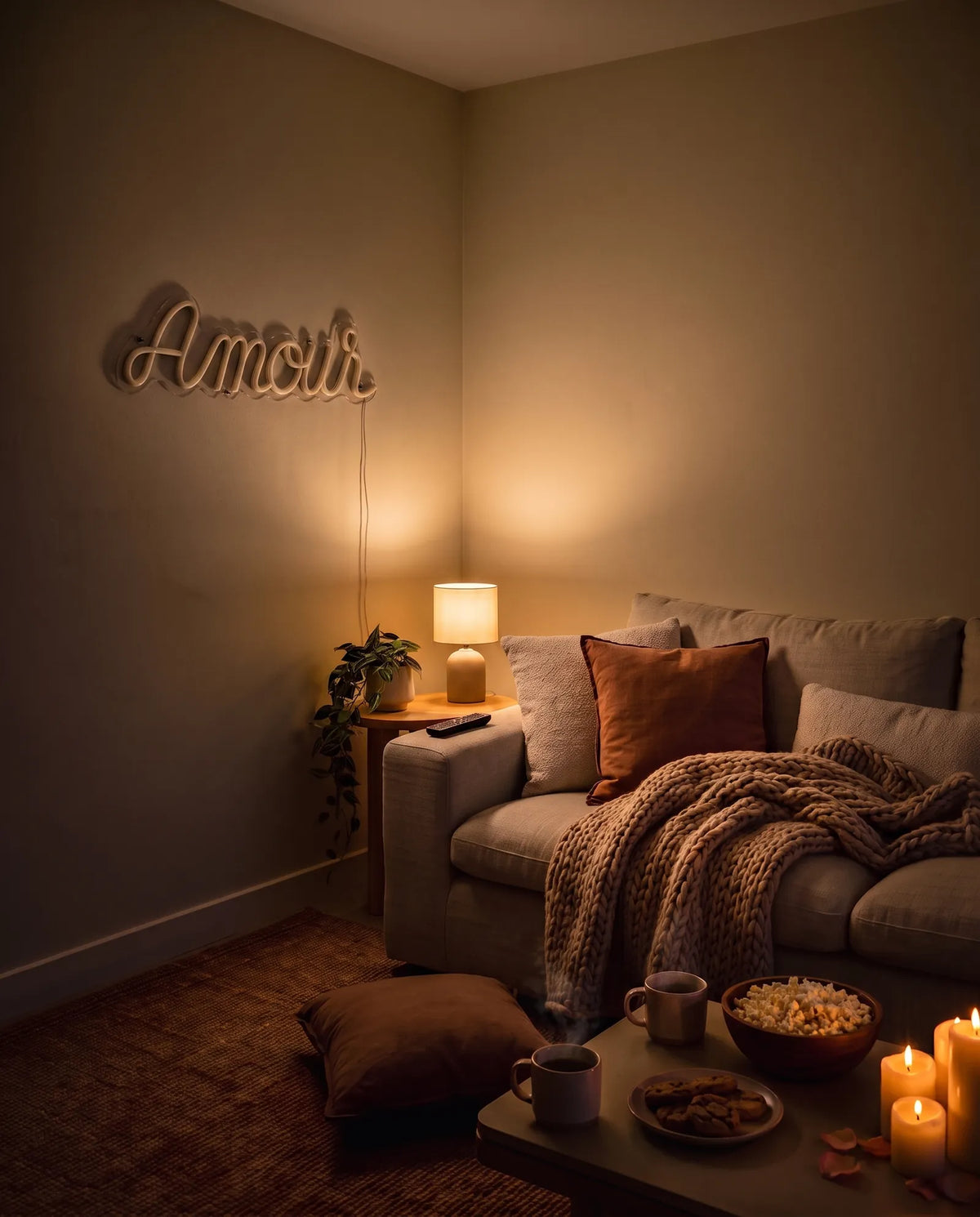 Néon amour éteint dans un salon le soir, lampe allumée sur le guéridon, canapé et coussins