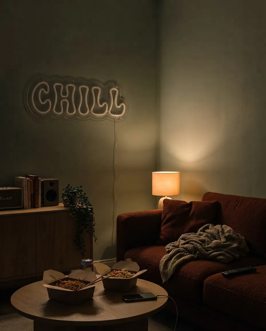 Néon chill éteint dans un salon le soir, lampe allumée, canapé rouille et table basse ronde