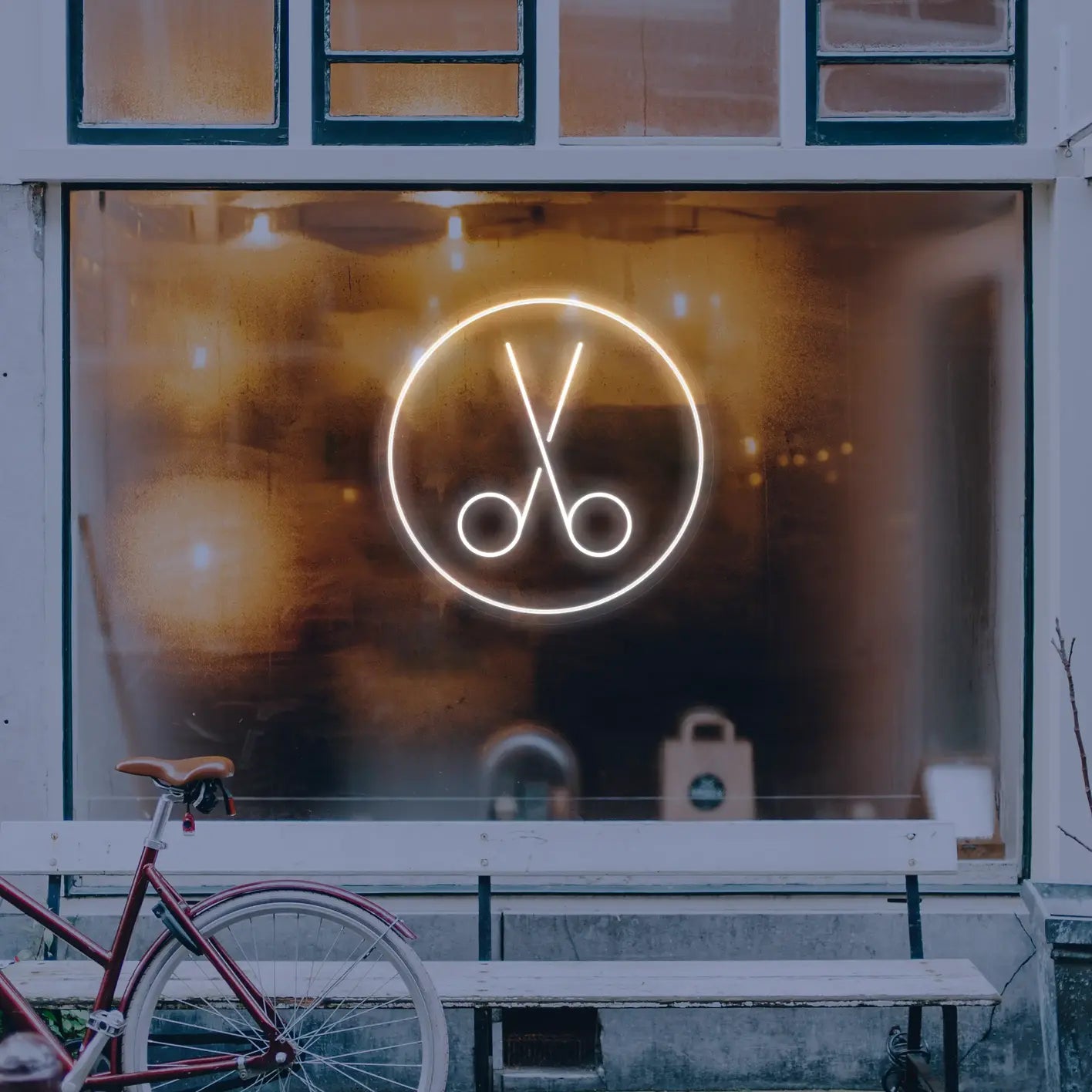 neon ciseaux coiffeur blanc