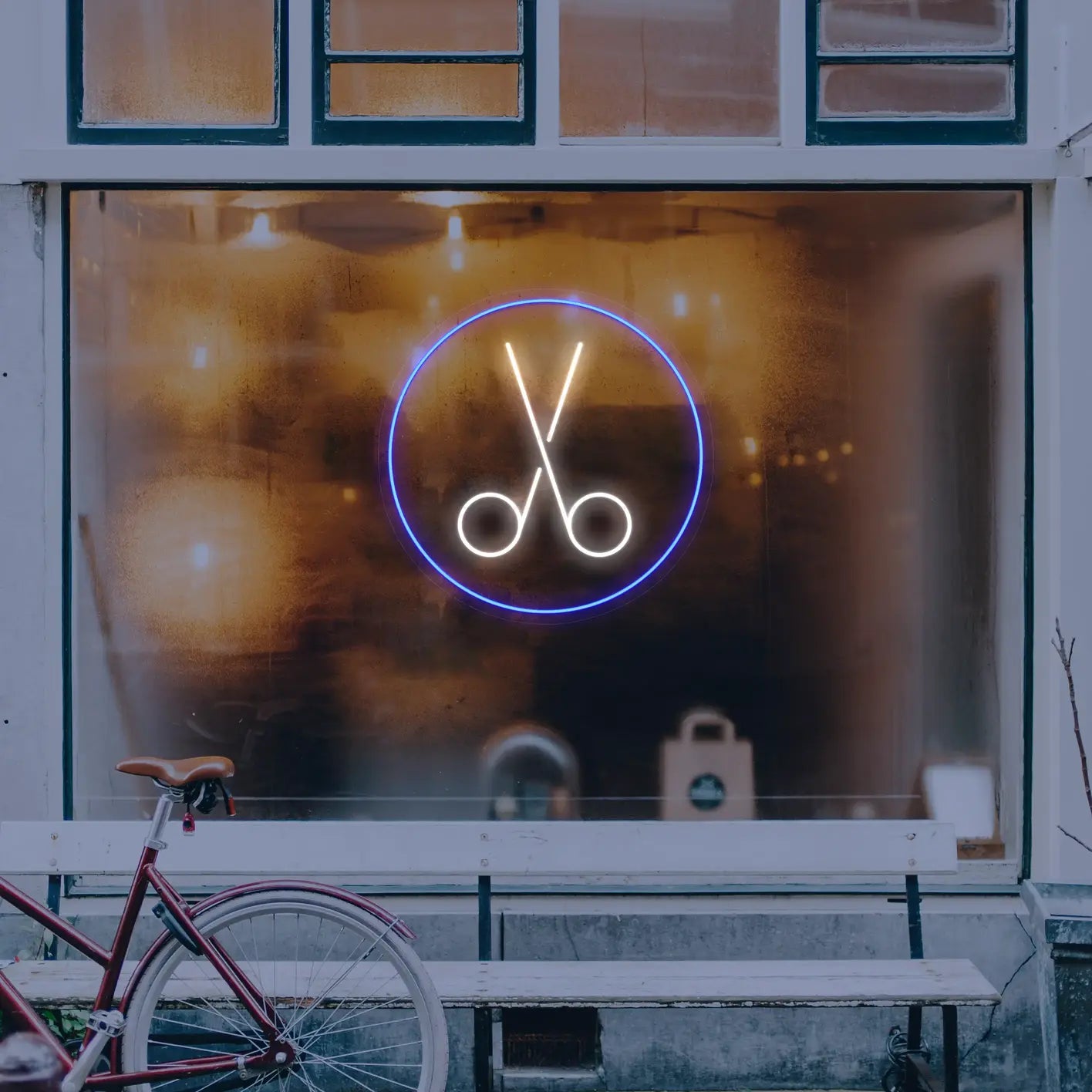 neon ciseaux coiffeur bleu et blanc