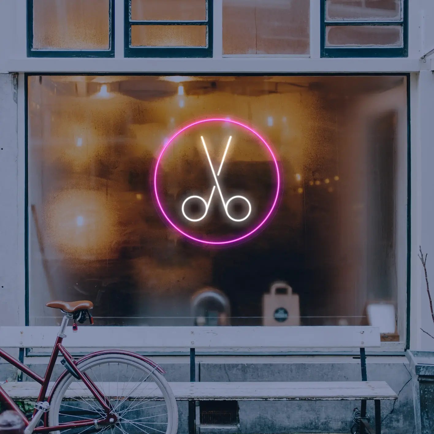 neon ciseaux coiffeur rose et blanc