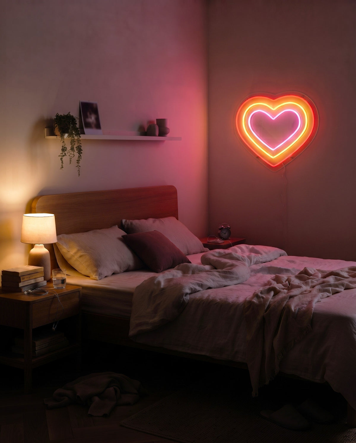 Néon LED cœur dans une chambre le soir, lit défait, lampe de chevet et murs teintés de rose