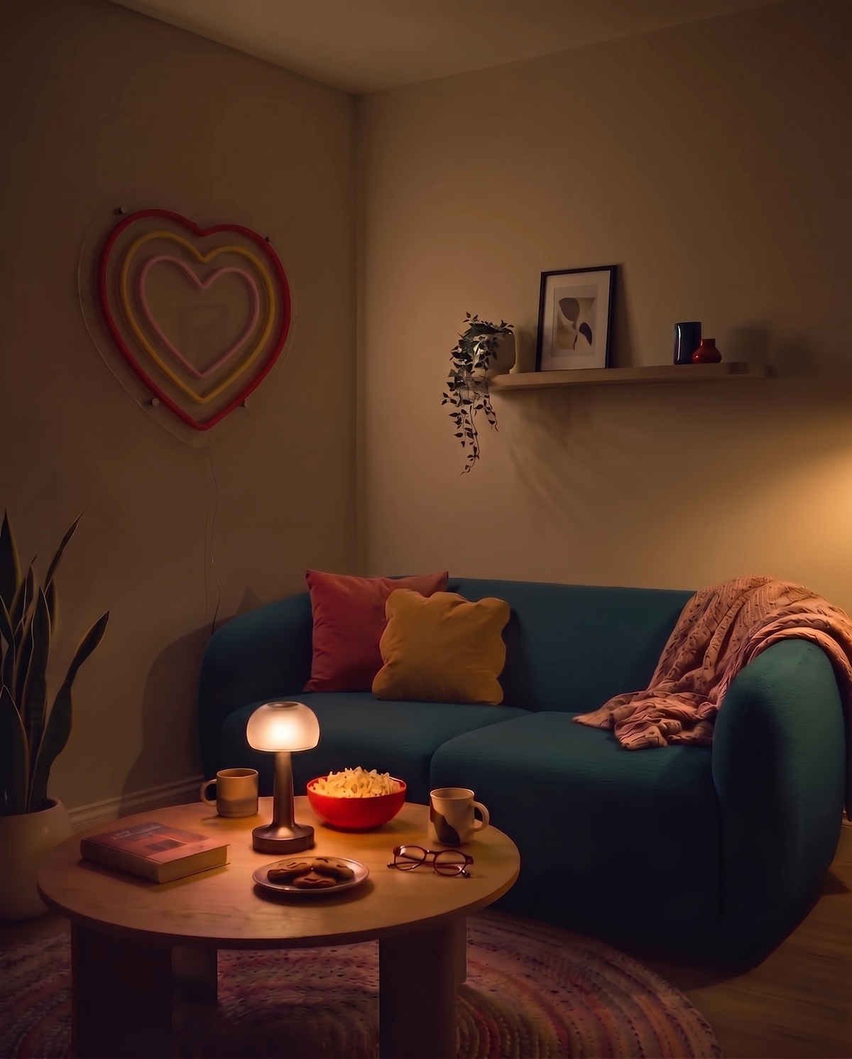 Néon cœur éteint au-dessus d’un canapé bleu le soir, coussins, plaid rose et lampe sur la table basse