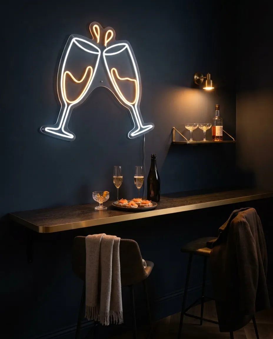 Néon LED deux flûtes qui trinquent sur un mur bleu nuit, tablette en laiton et deux tabourets pour un toast à deux