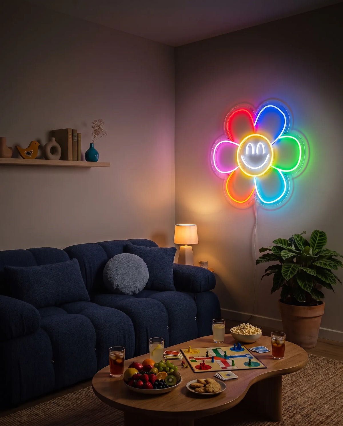 Néon LED fleur smiley multicolore allumé dans un salon, canapé bleu nuit et table basse avec jeu de société