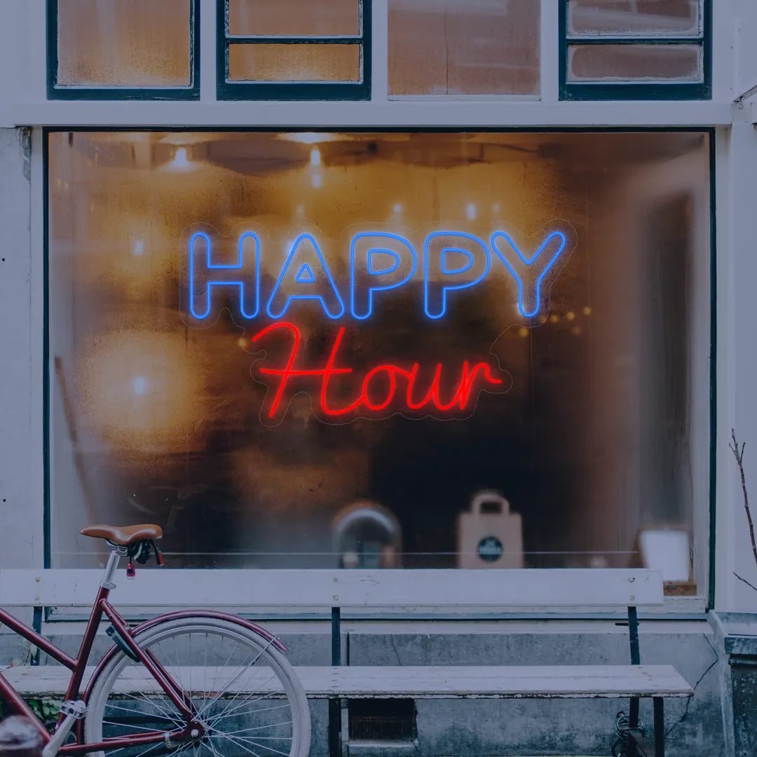 Néon Happy Hour bleu et rouge en vitrine