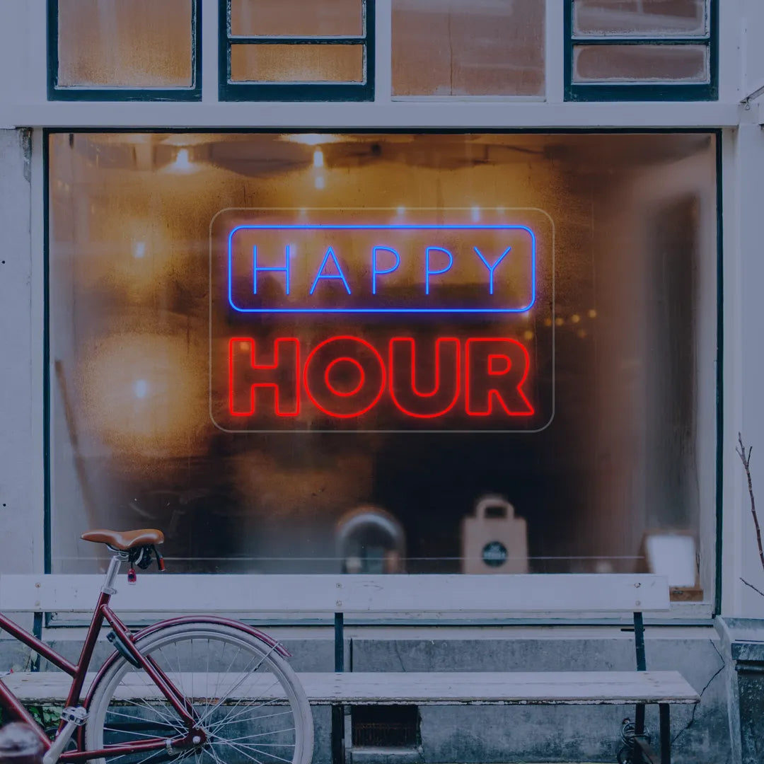 Néon Happy Hour Majuscule bleu et rouge vitrine