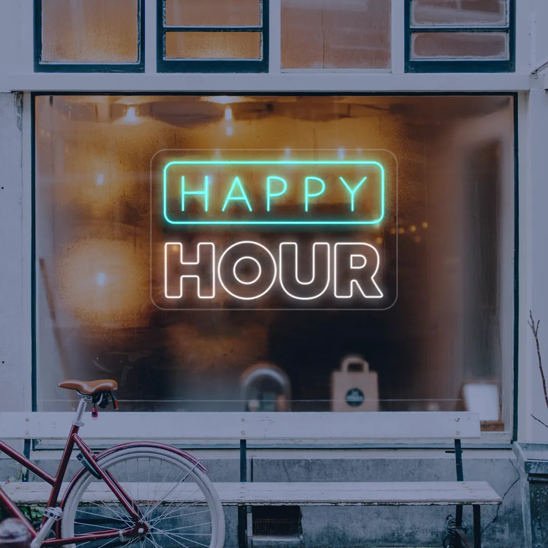 Néon Happy Hour Majuscule turquoise et blanc vitrine