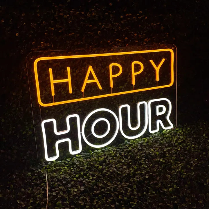 Néon HAPPY HOUR pour bar doré et blanc de gauche
