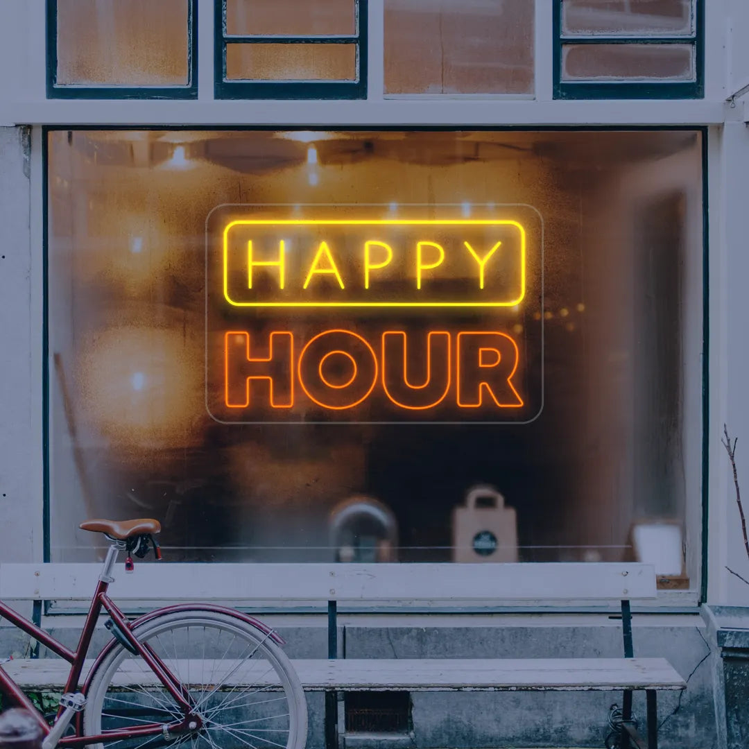 Néon Happy Hour Majuscule doré et orange vitrine