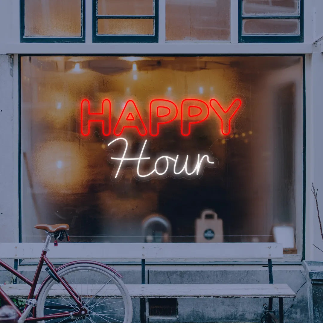 Néon Happy Hour rouge et Blanc en vitrine