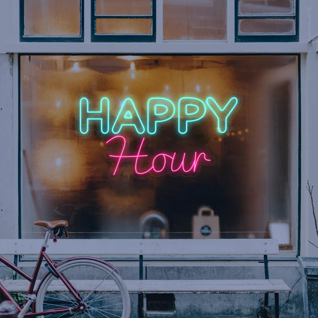 Néon Happy Hour turquoise et rose en vitrine