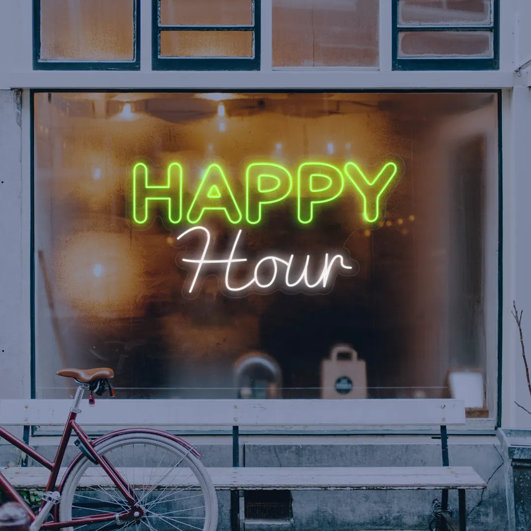 Néon Happy Hour vert et Blanc en vitrine