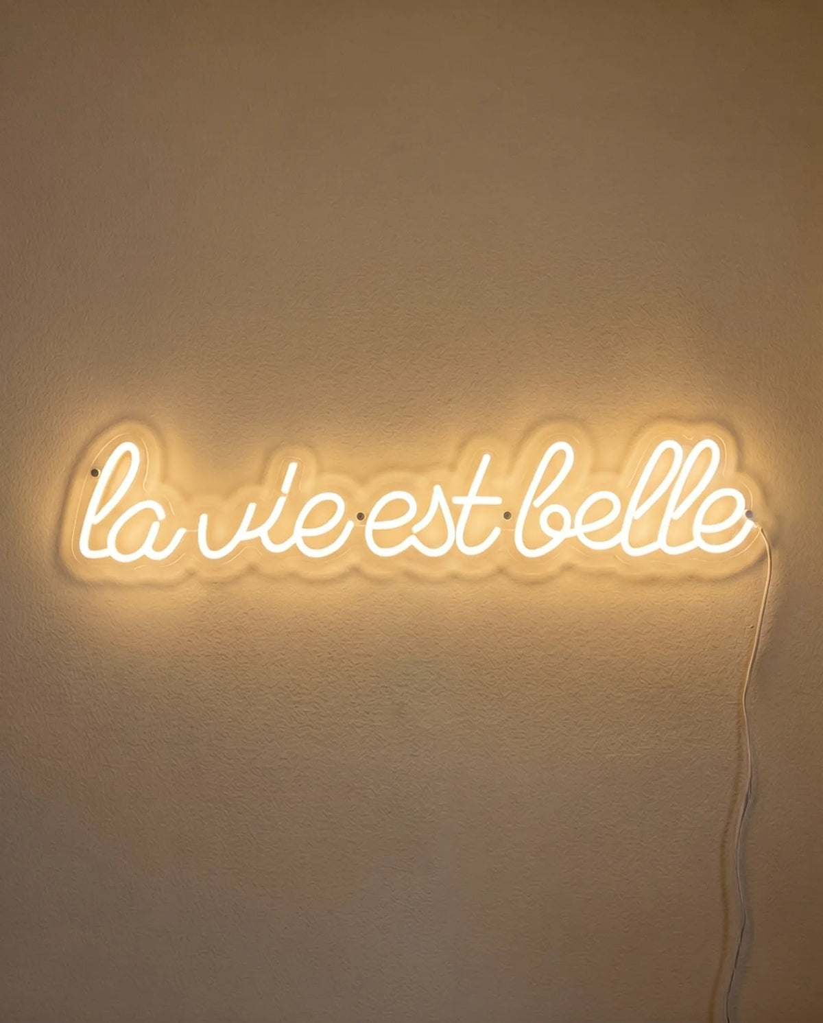 Néon la vie est belle de face sur mur peint, phrase en lettres attachées blanc chaud