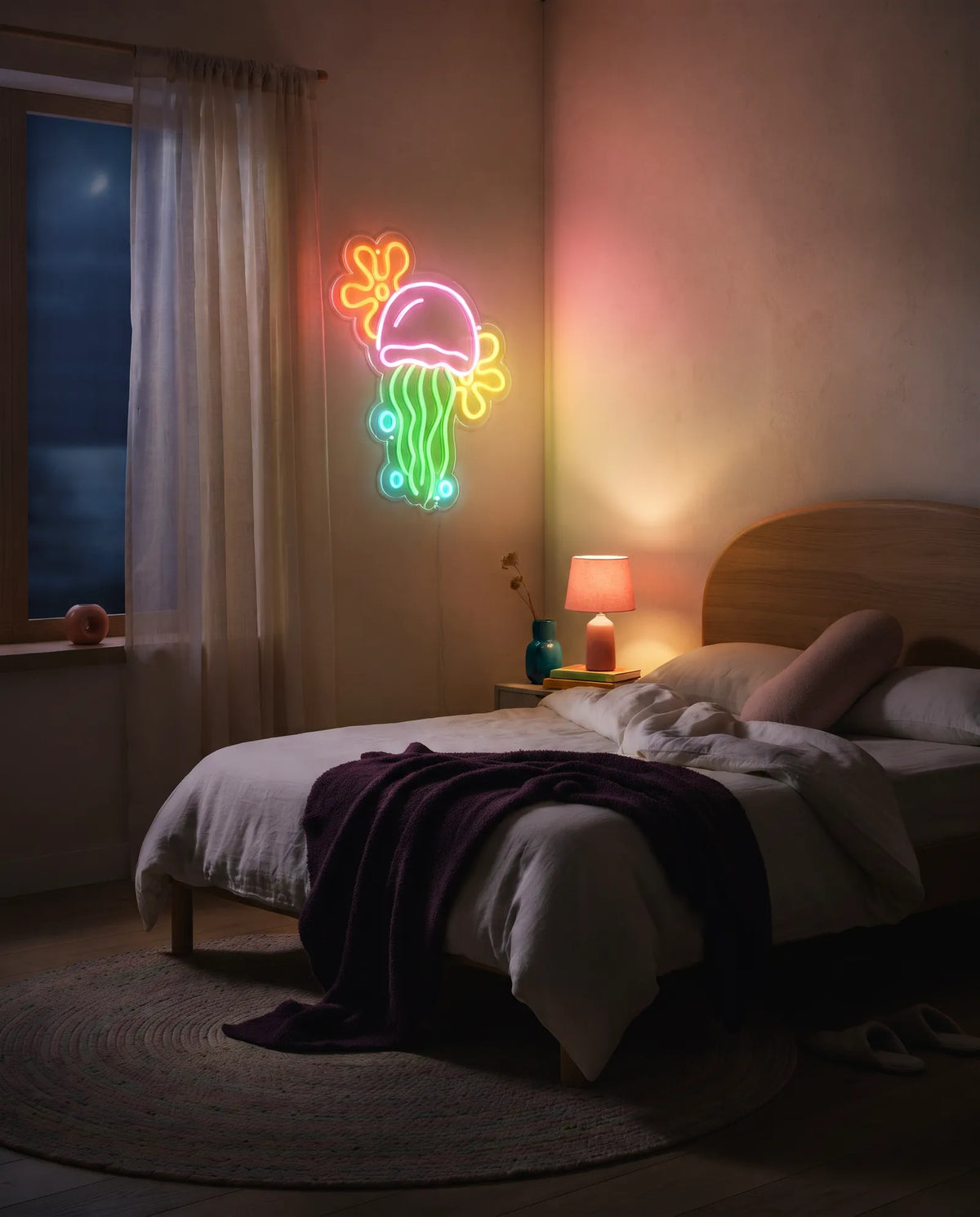 Néon méduse rose, verte et turquoise dans une chambre la nuit, lit en lin et lampe de chevet allumée
