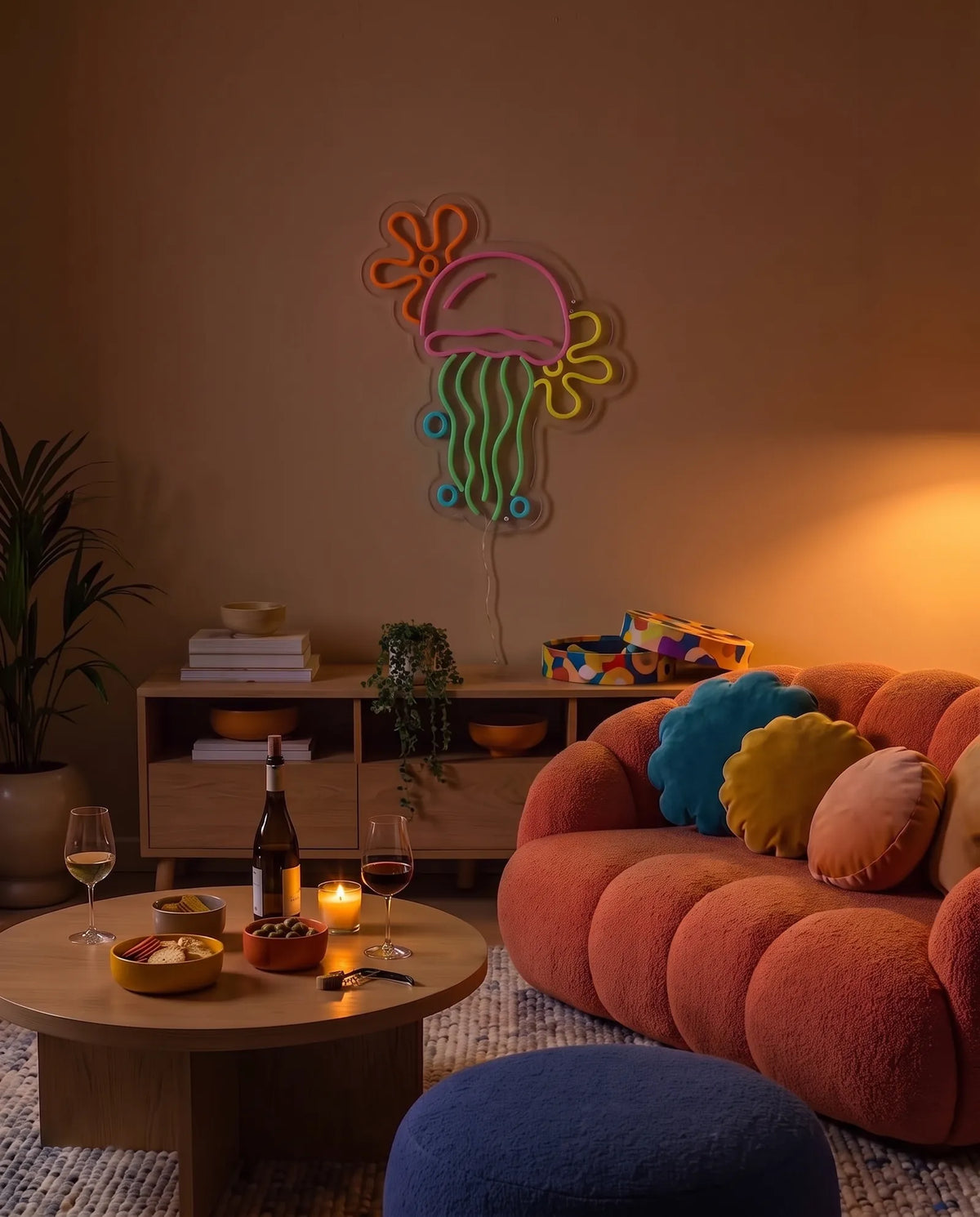 Néon méduse éteint dans un salon en soirée, canapé orange et table basse éclairée à la bougie