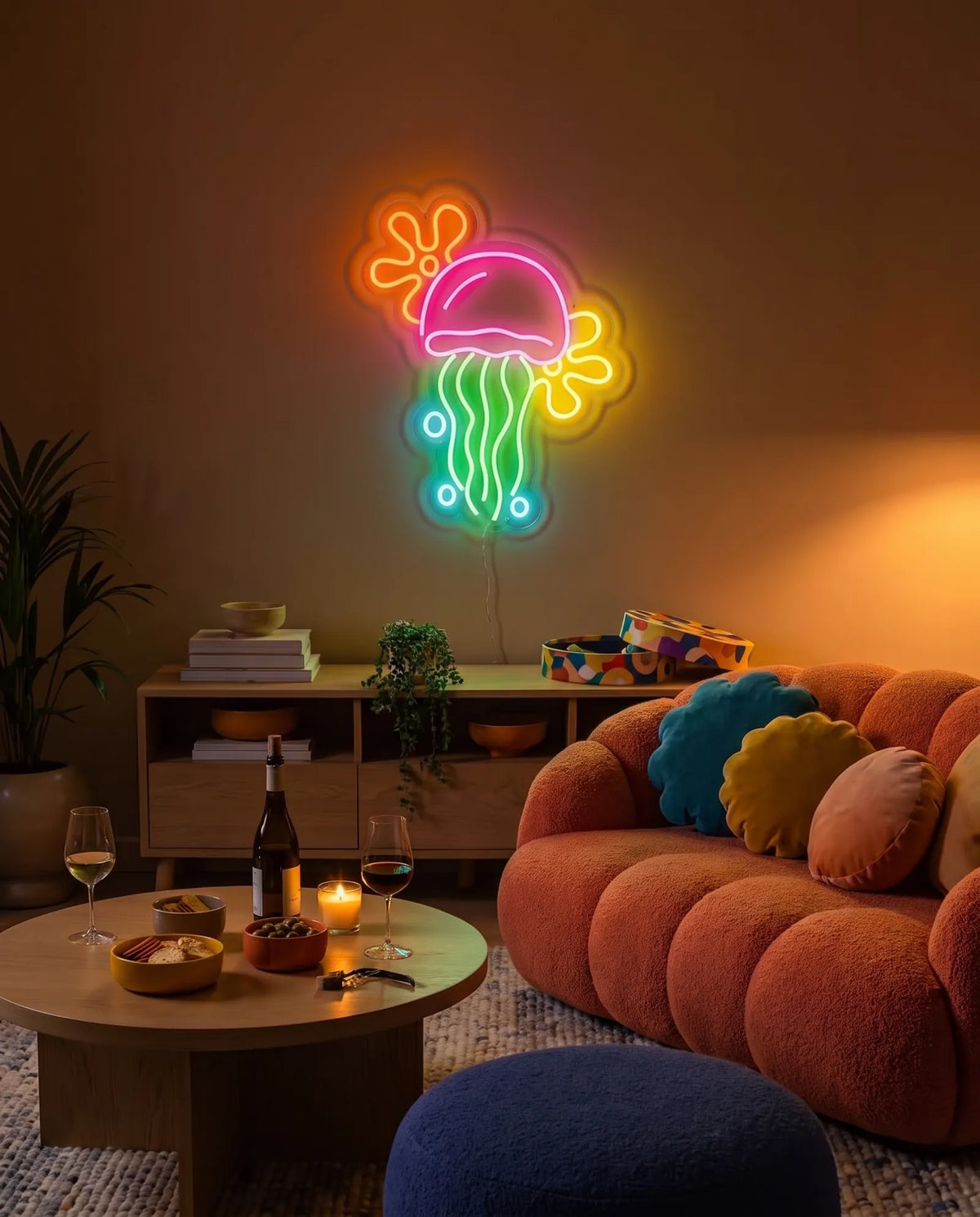 Néon LED méduse multicolore allumé dans un salon pop, canapé bouclé orange et table basse avec verres