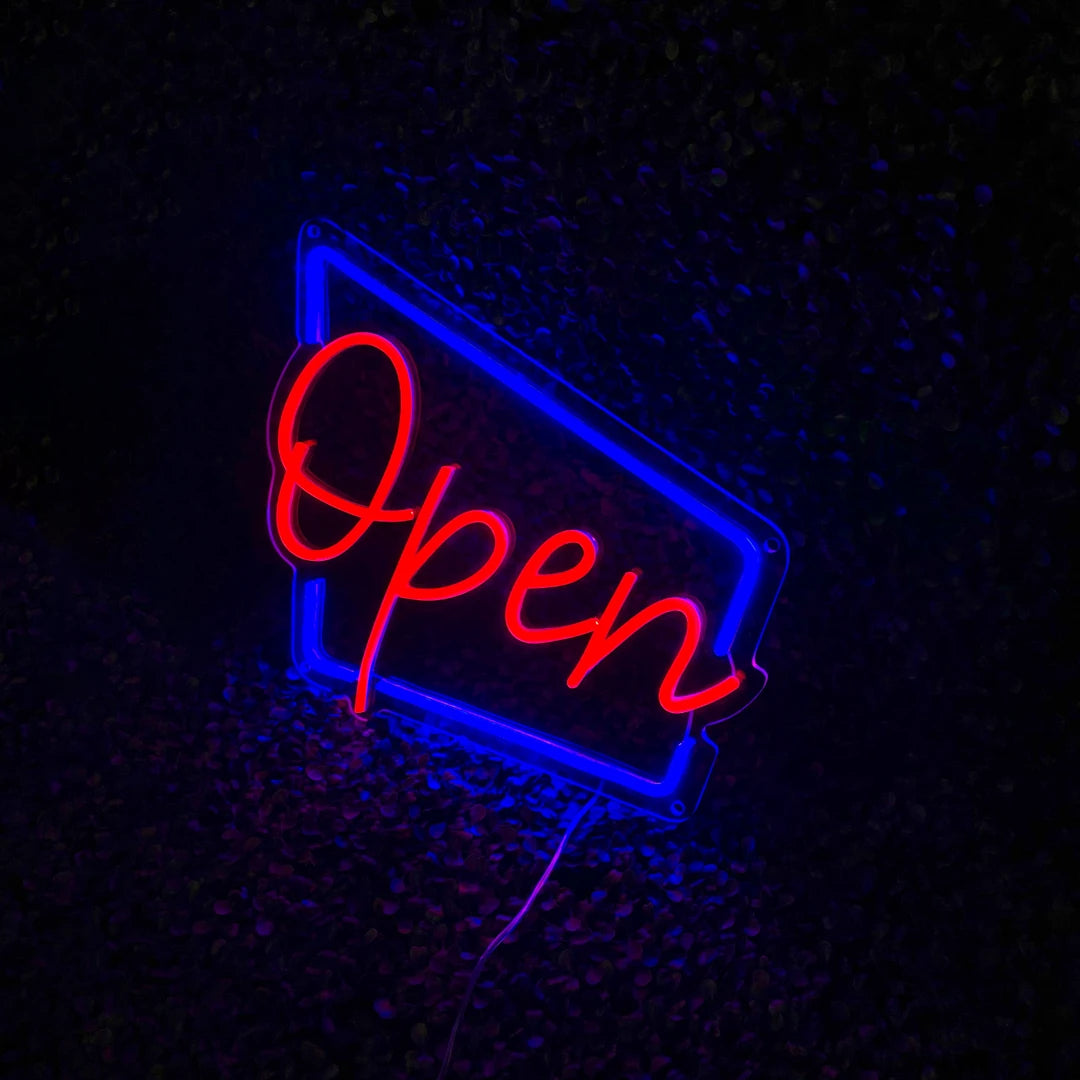 Néon Open Rétro Bleu et Rouge vu de droite