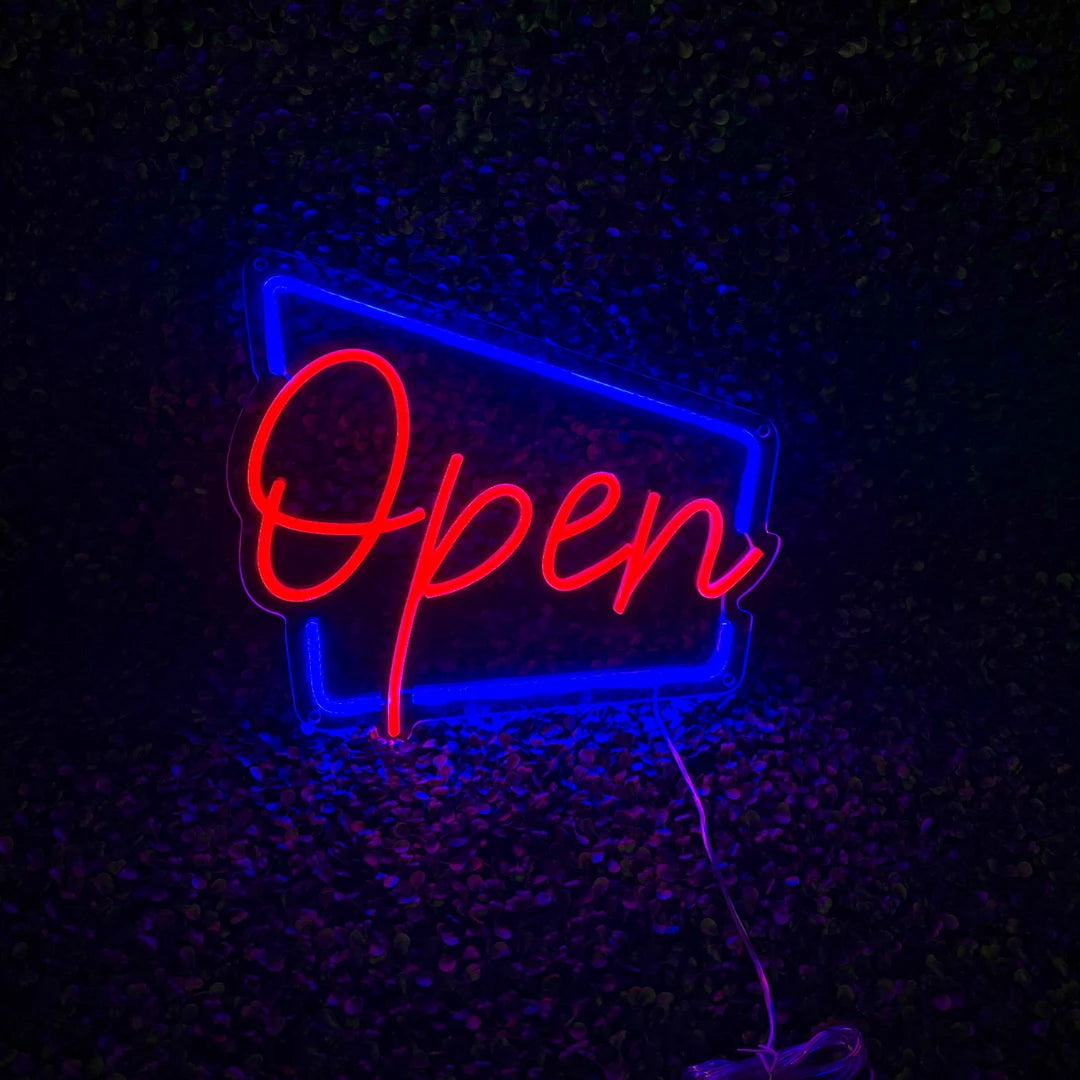 Néon Open Rétro Bleu et Rouge vu de face