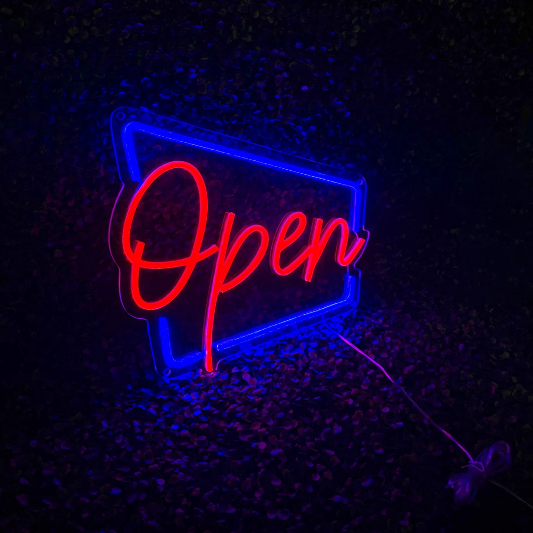 Néon Open Rétro Bleu et Rouge vu de gauche