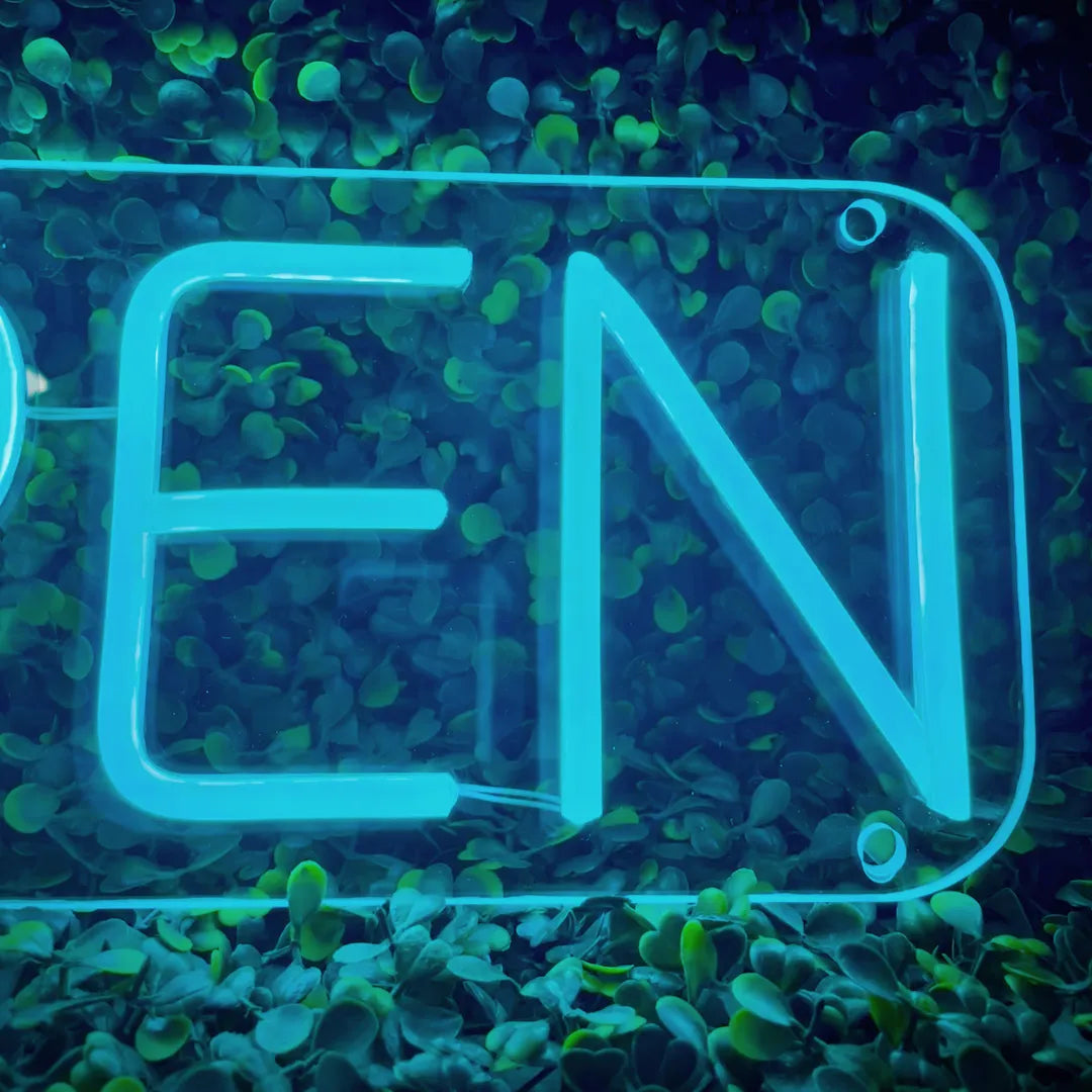 Néon OPEN turquoise détails
