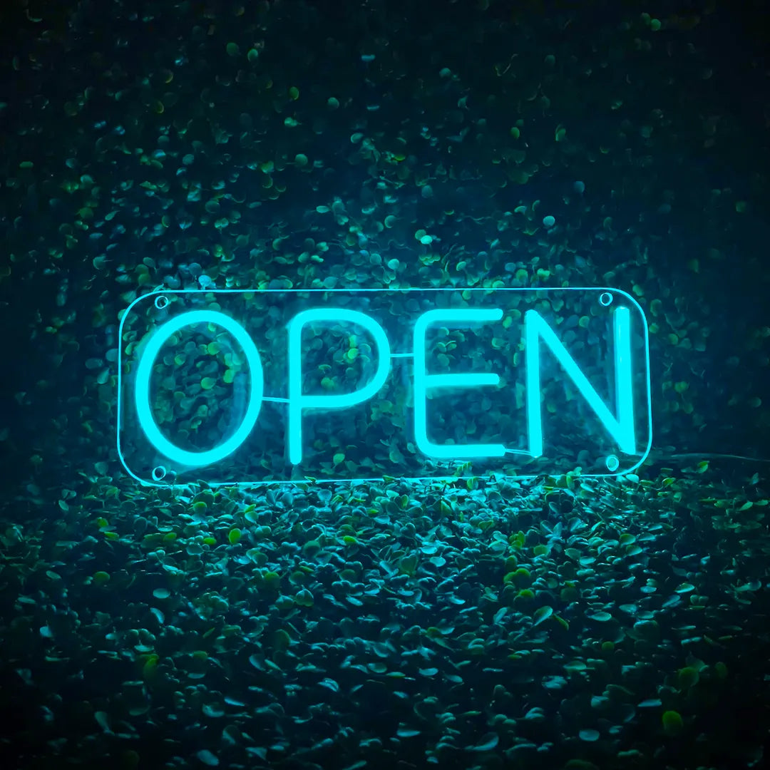 Néon OPEN turquoise de face
