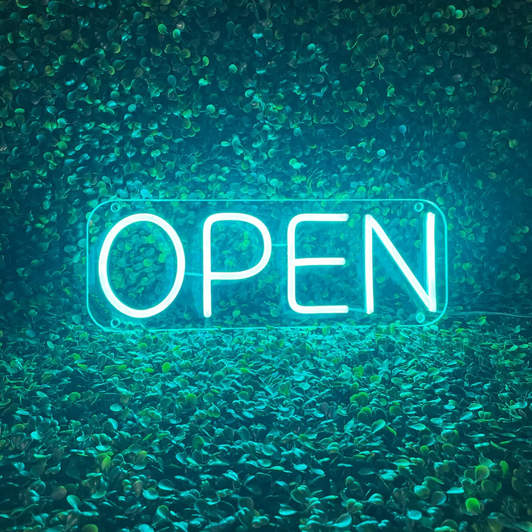 Néon OPEN turquoise lumière