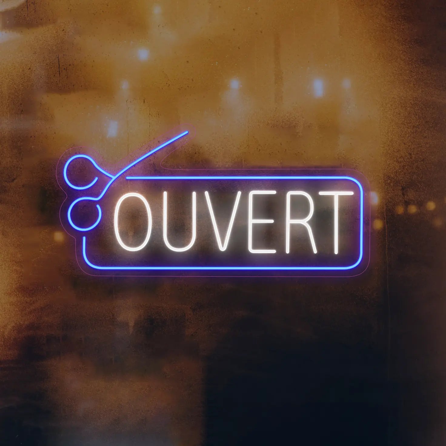 Néon Ouvert Bleu pour Coiffeur avec Ciseaux