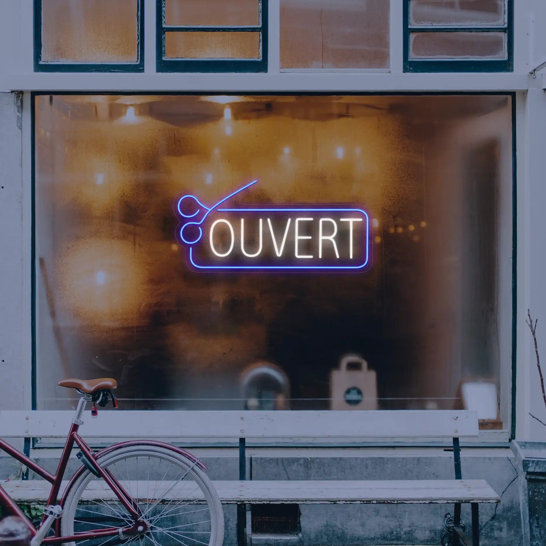 Néon Ouvert Bleu pour Coiffeur avec Ciseaux sur vitrine