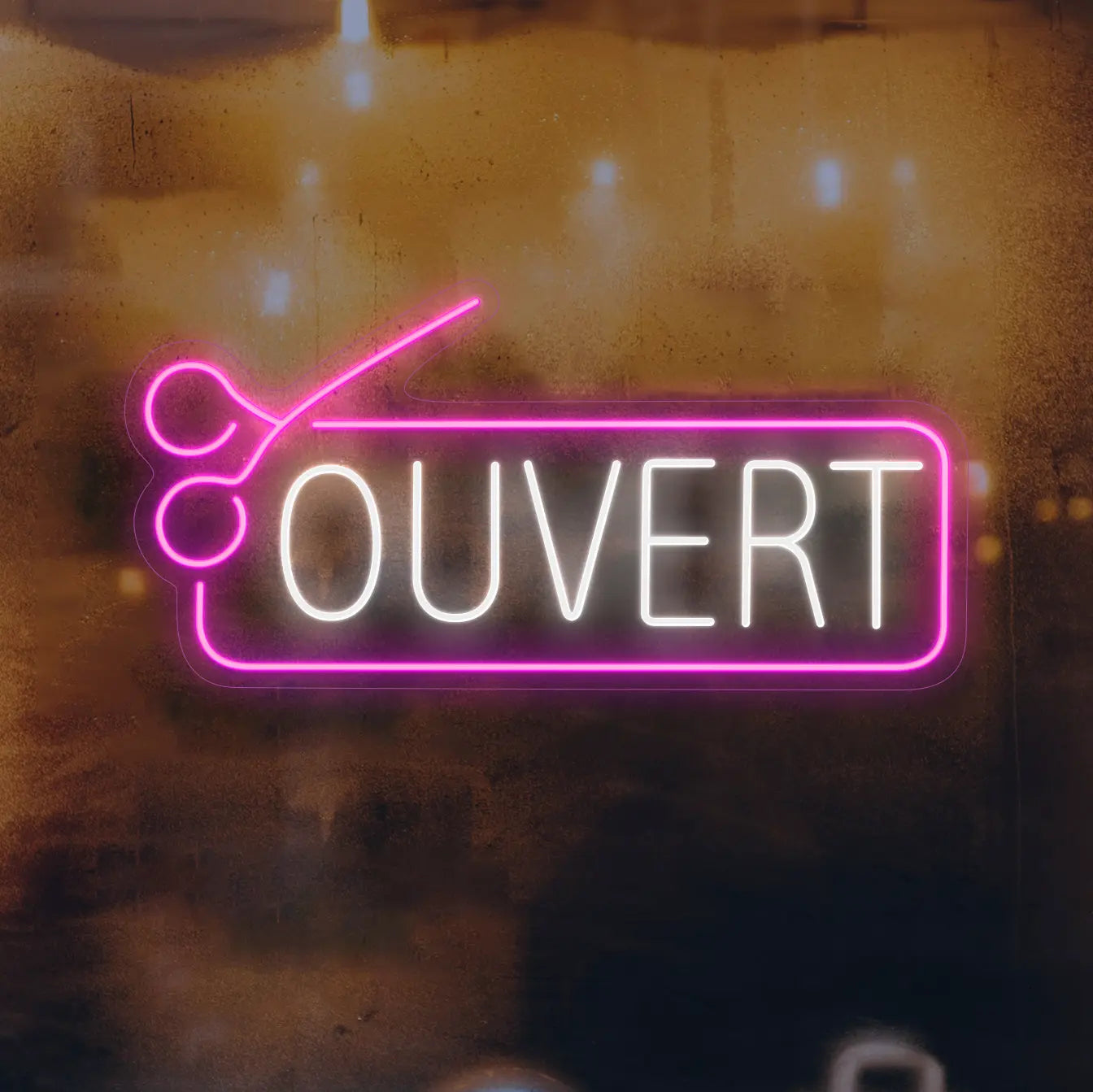 Néon Ouvert Rose pour Coiffeur avec Ciseaux