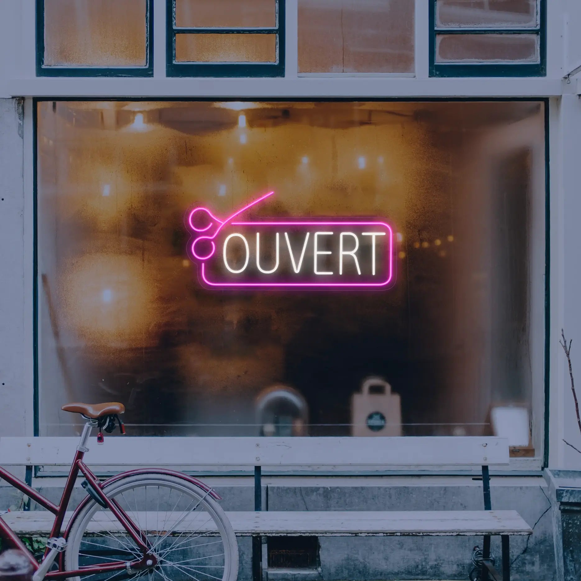 Néon Ouvert Rose pour Coiffeur avec Ciseaux sur vitrine