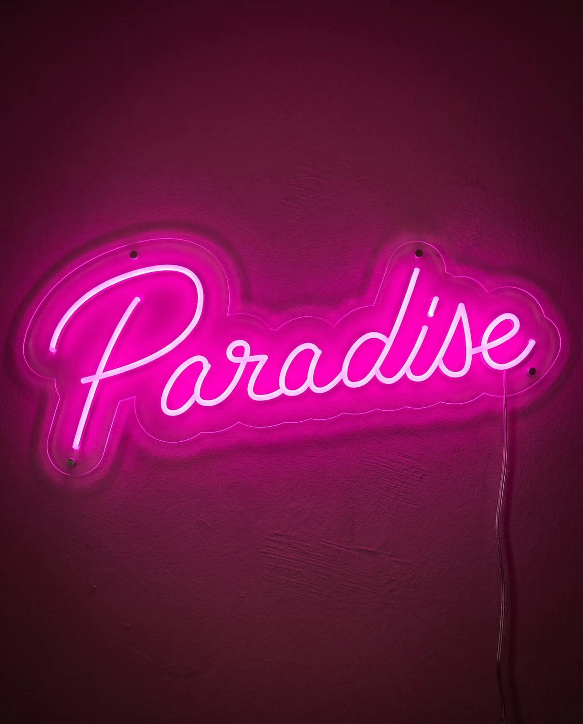 Néon paradise de face sur mur peint, mot en lettres attachées roses