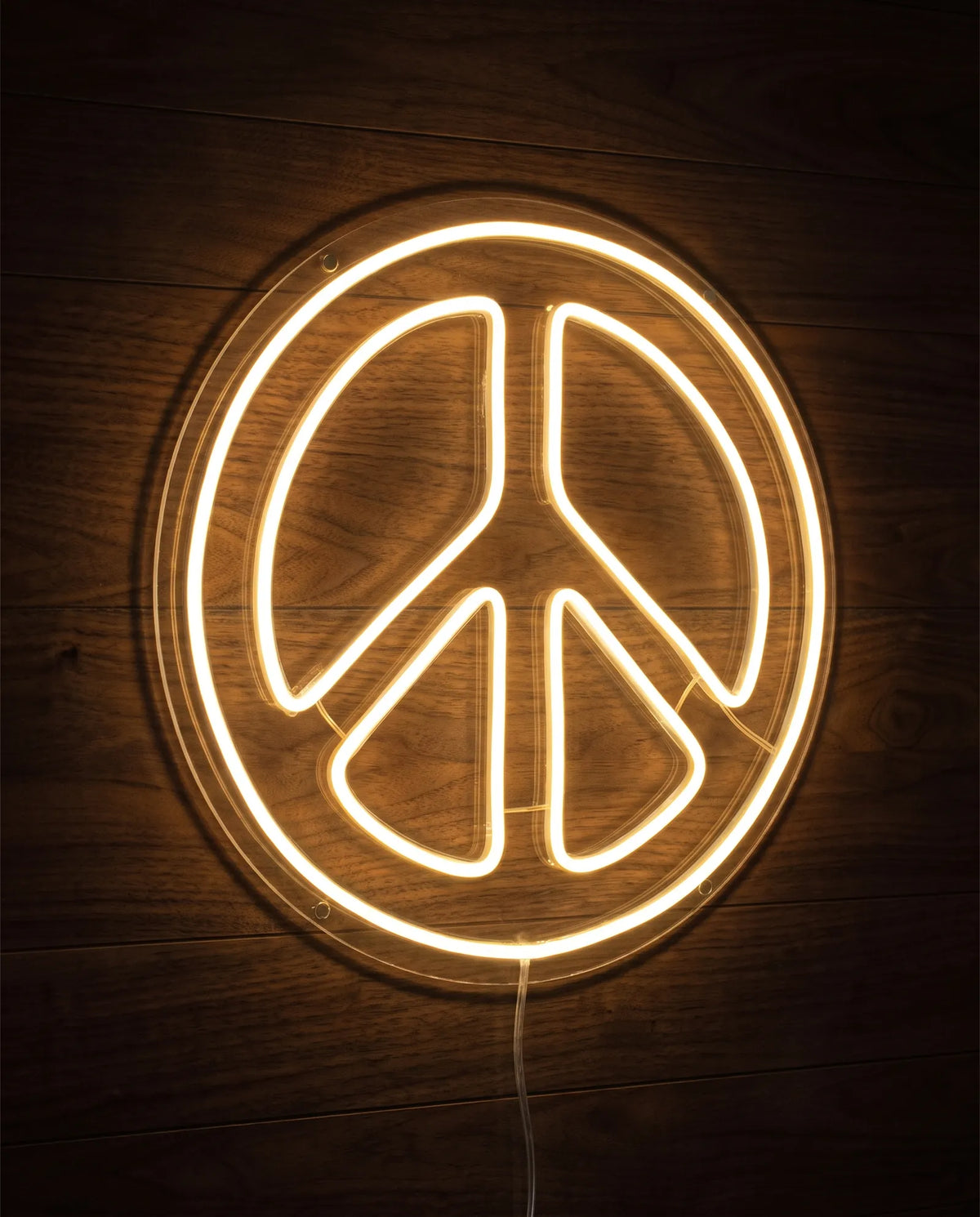 Néon LED vu de trois-quarts, plexiglas cristallin découpé en cercle autour du symbole de paix