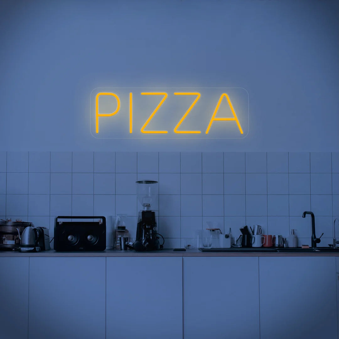 Néon écriture pizza dorée