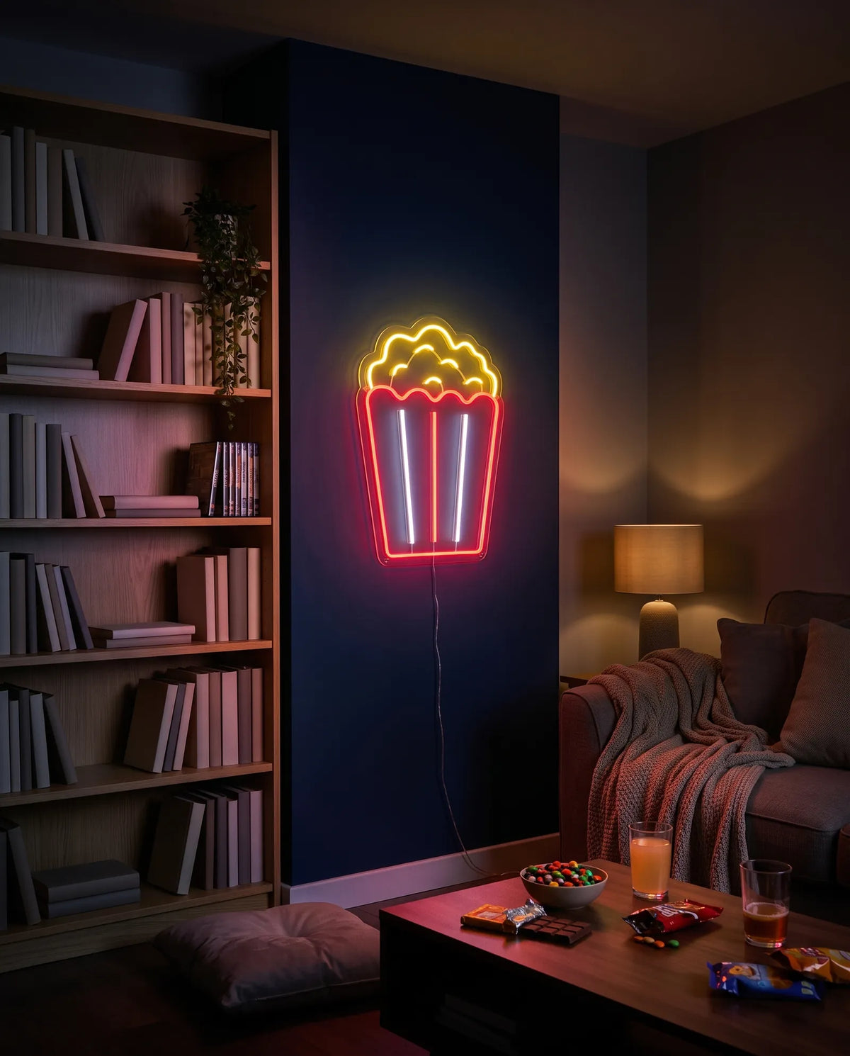 Néon popcorn rouge, blanc et jaune allumé sur un mur bleu nuit, bibliothèque, canapé et bonbons sur la table basse