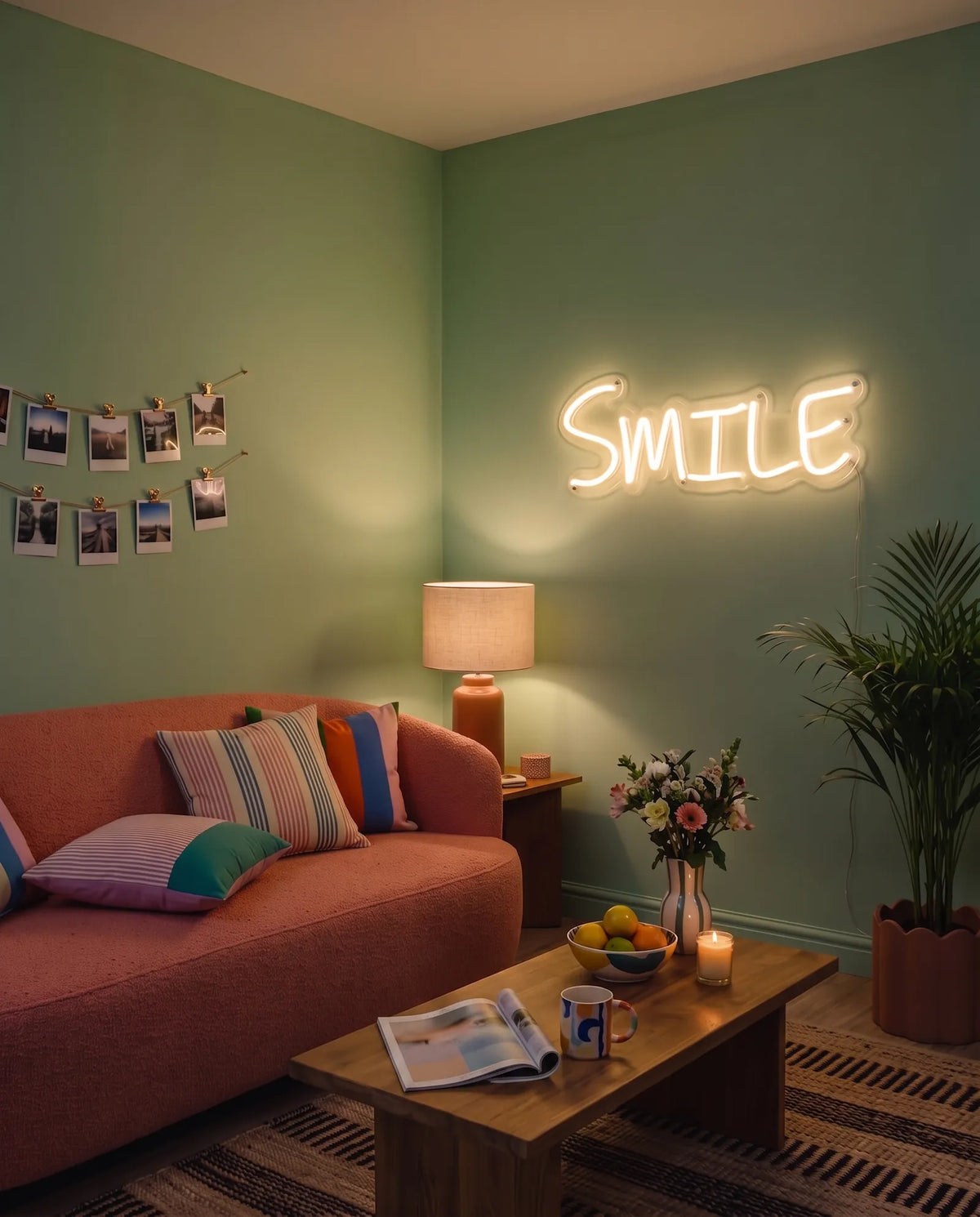 Néon LED smile dans un salon vert d’eau, canapé corail, coussins rayés et bouquet de fleurs