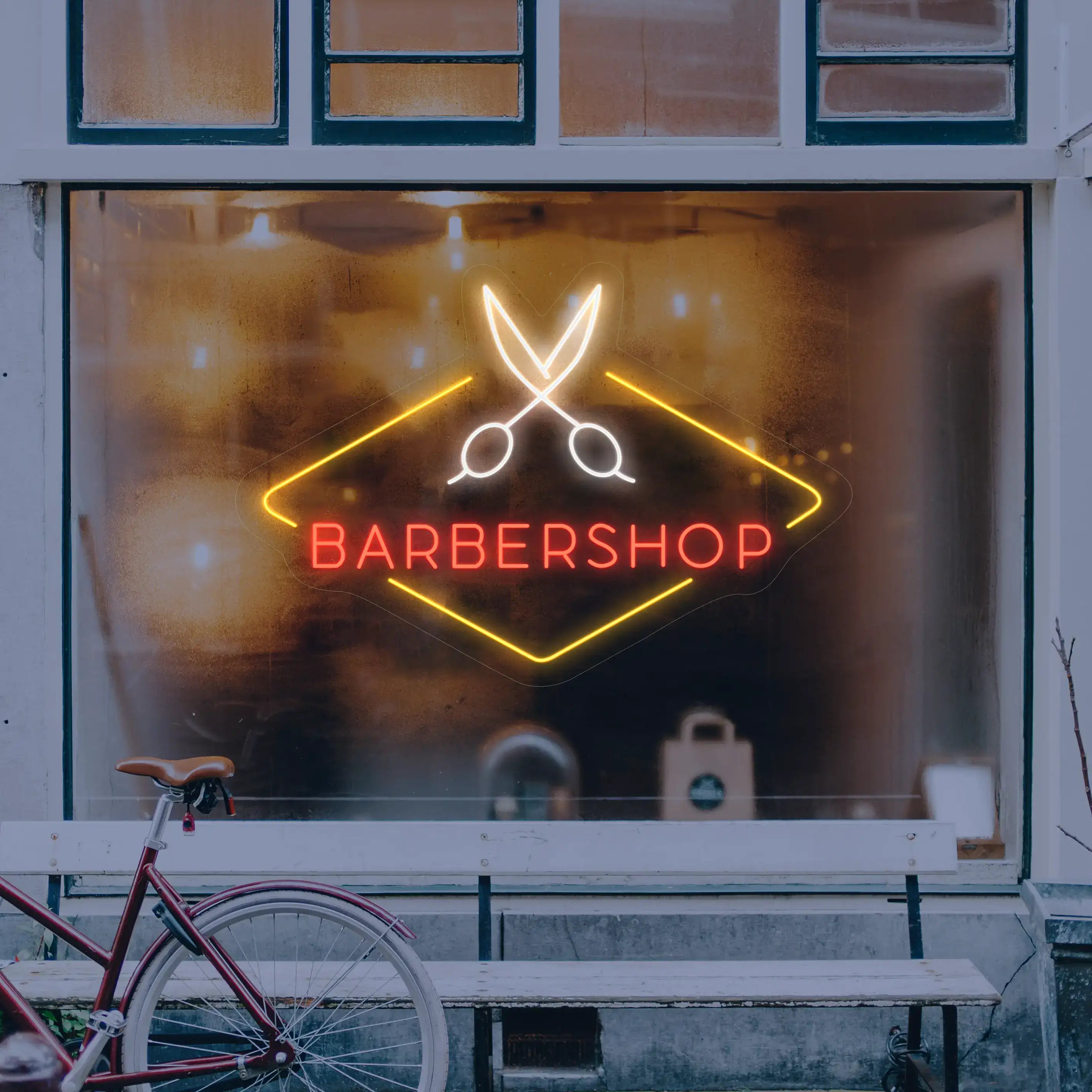 Enseigne Barber Shop jaune avec ciseau