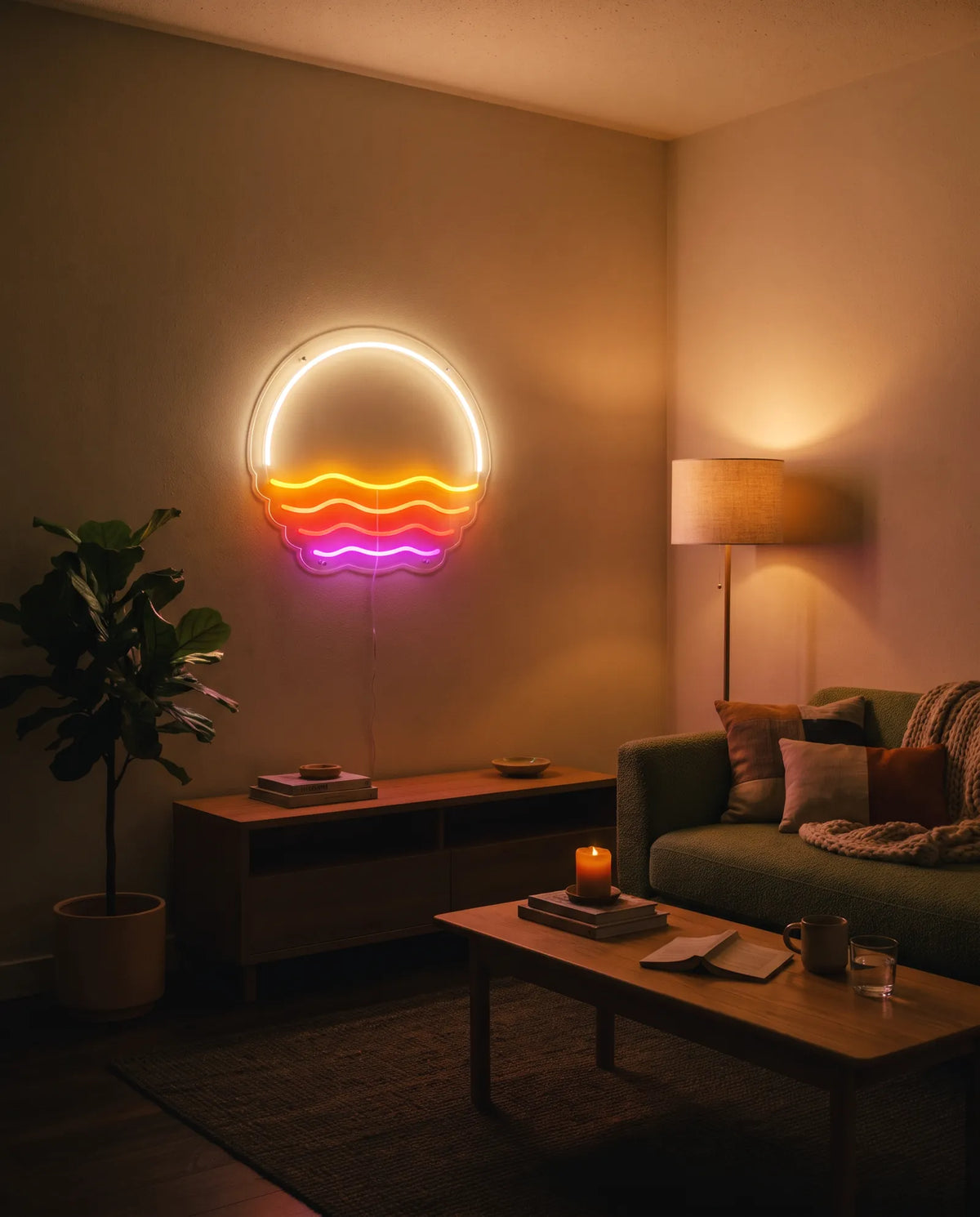 Néon coucher de soleil allumé au-dessus d’une console de salon, canapé, bougie et livre sur la table basse