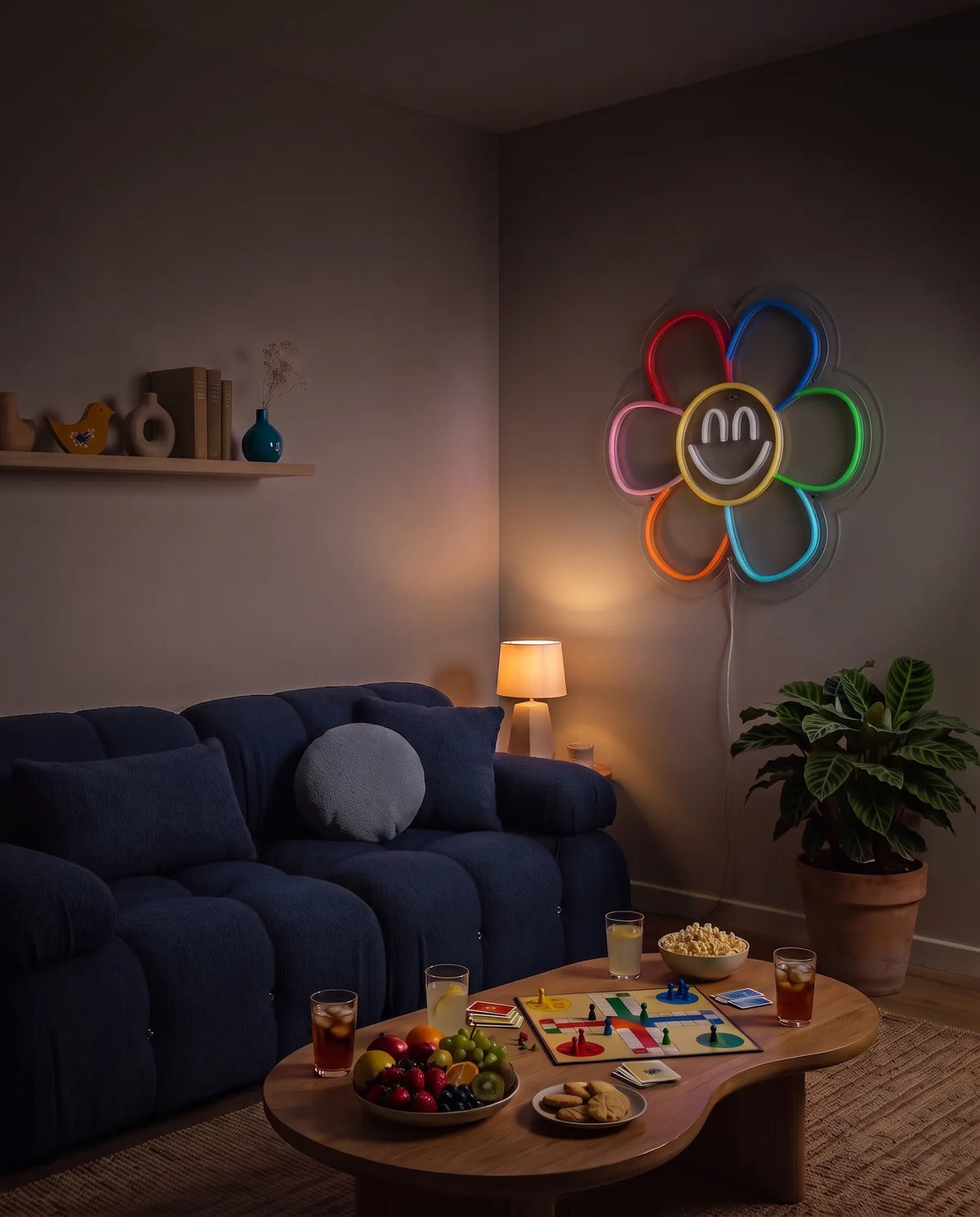 Néon fleur smiley éteint dans un salon le soir, canapé bleu nuit et jeu de société sur la table basse