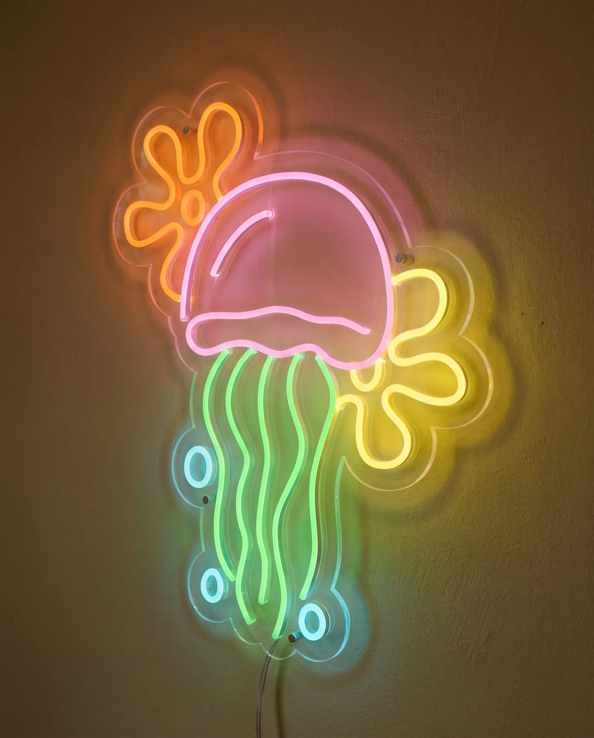 Néon LED méduse vu de trois-quarts, plusieurs couleurs réunies sur un plexiglas cristallin