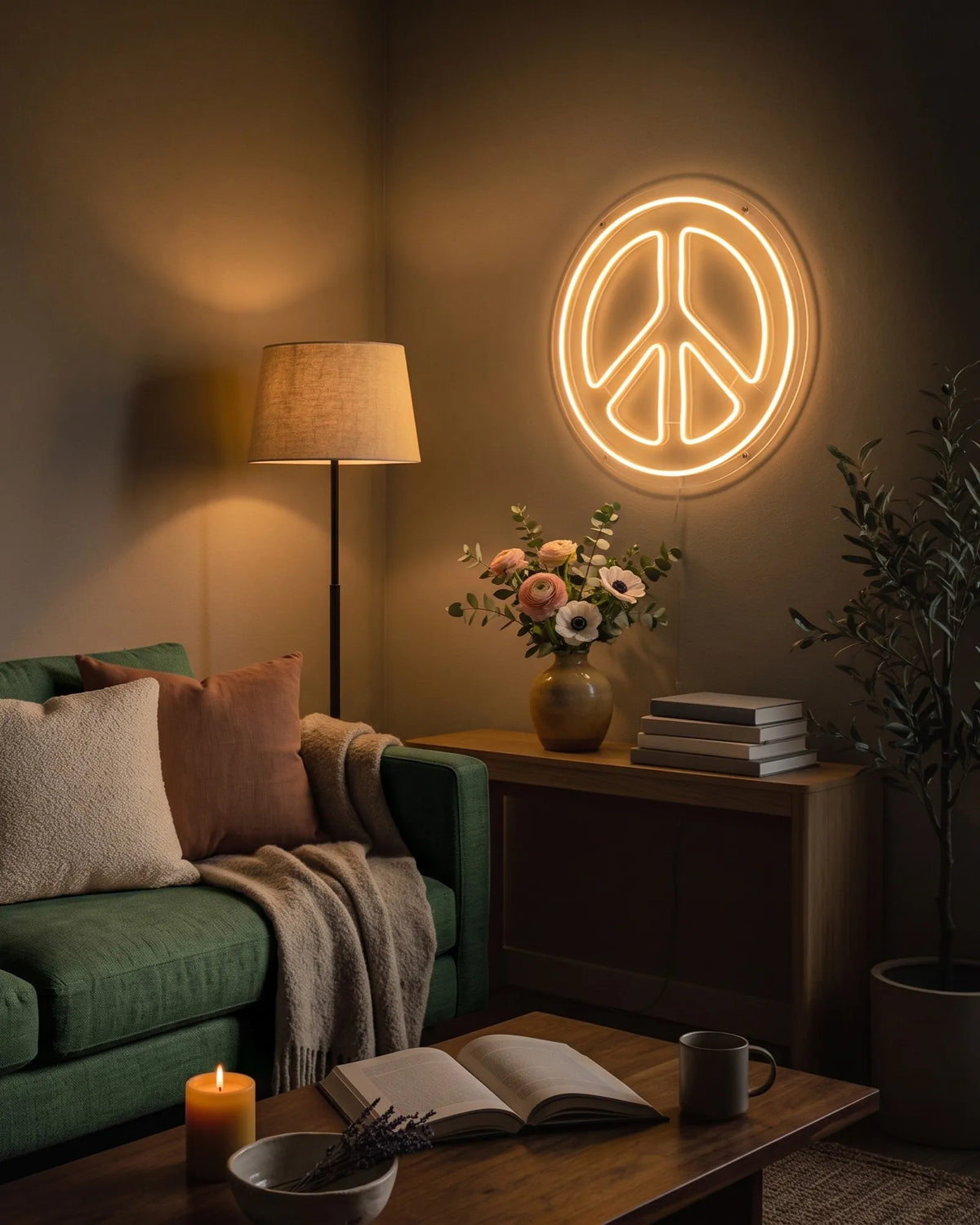 Néon LED signe peace and love au-dessus d’une console, bouquet de renoncules, canapé vert et bougie