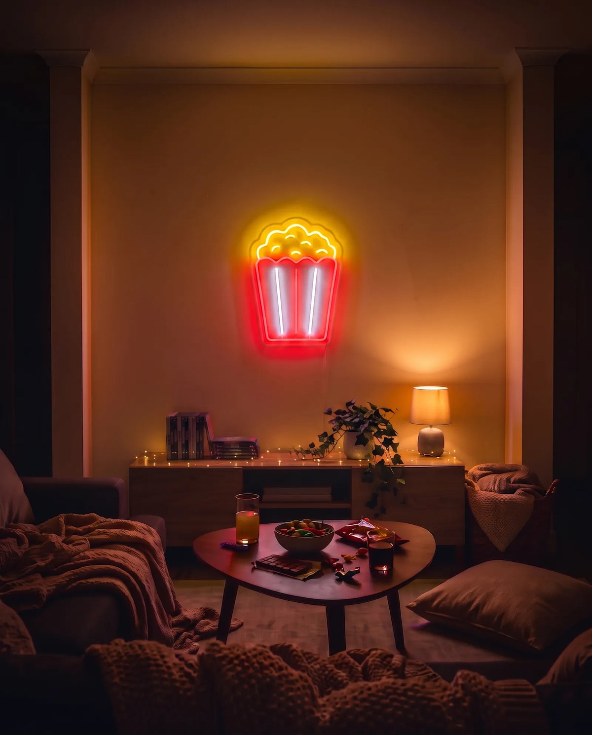 Néon LED pot de popcorn au-dessus d’un meuble télé, guirlande lumineuse, DVD et coussins pour une soirée cocooning