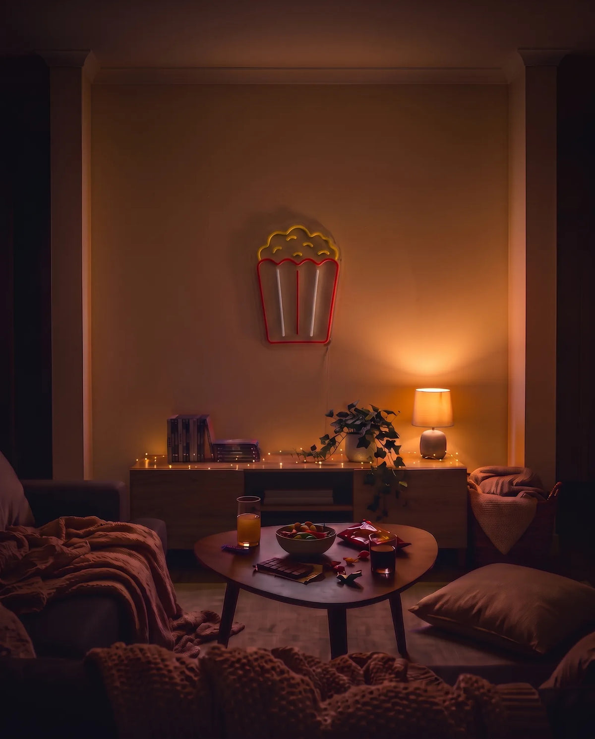 Néon pot de popcorn éteint dans un coin salon, bibliothèque en bois et canapé avec plaid