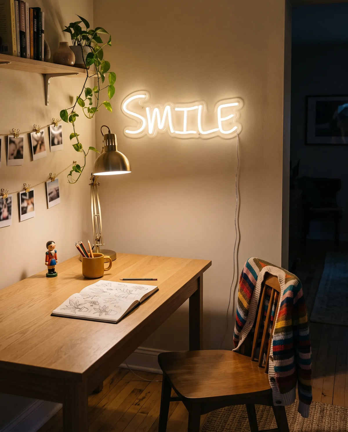 Néon smile blanc chaud allumé au-dessus d’un bureau en bois, carnet de croquis, lampe d’architecte et polaroïds